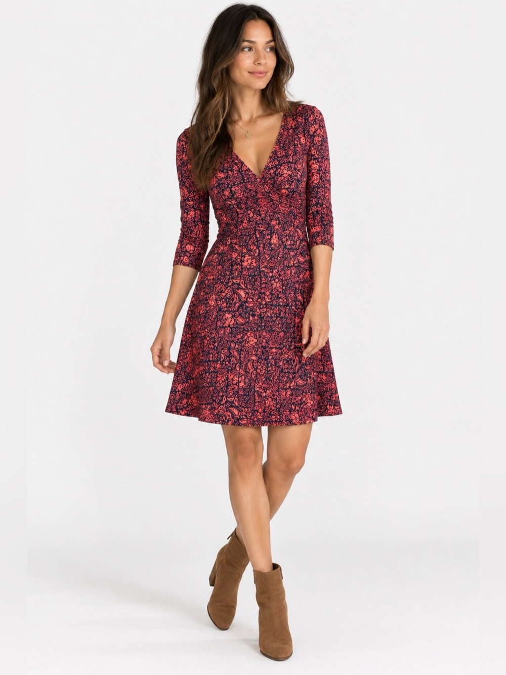 Patagonia Margot 3/4 Sleeve Organic Cotton Paisley Dress Small Coral Teal